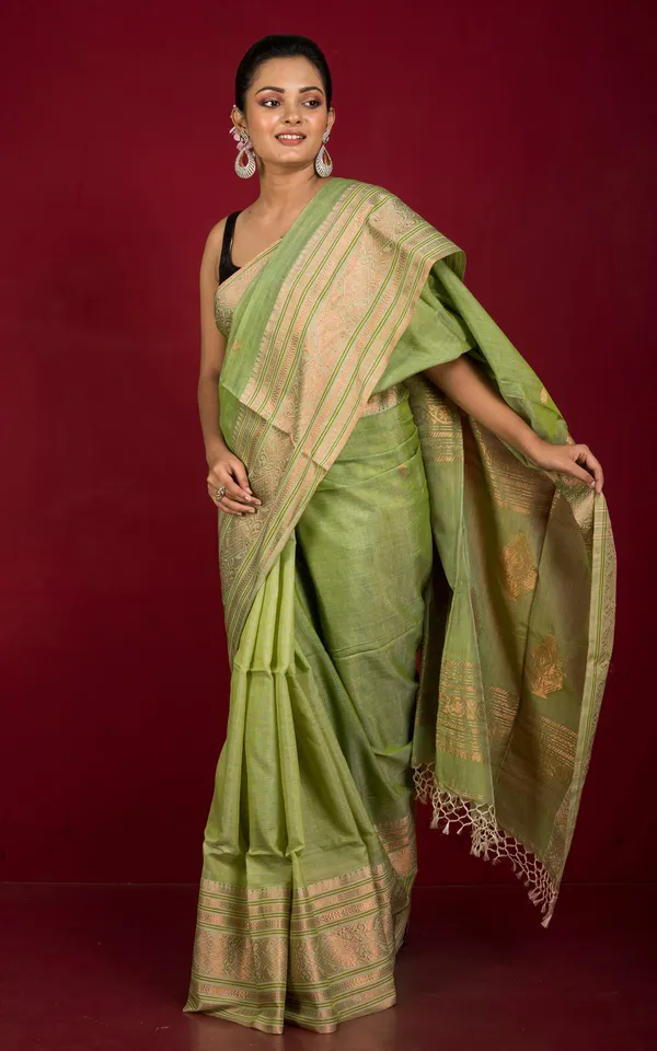 Hand_Woven_Tussar_Cotton_Silk_Banarasi_Katan_Saree_In_Paste_Green_And_Copper