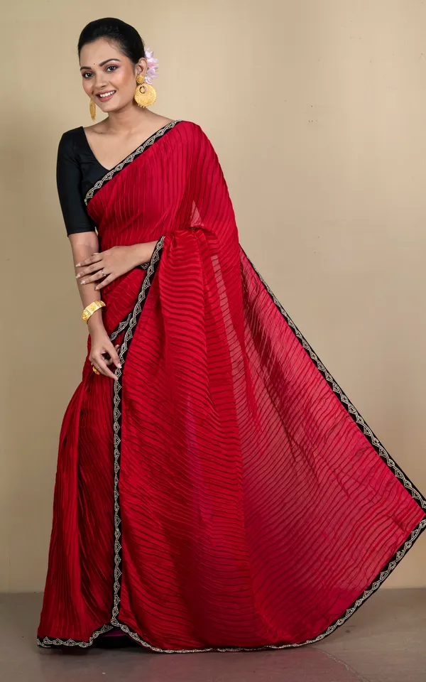 Designer_Italian_Crepe_Silk_Ruffle_Saree_In_Cherry_Red_And_Black