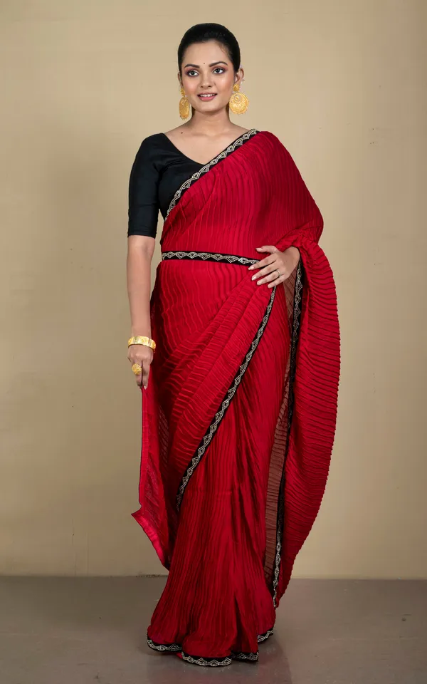 Designer_Italian_Crepe_Silk_Ruffle_Saree_In_Cherry_Red_And_Black