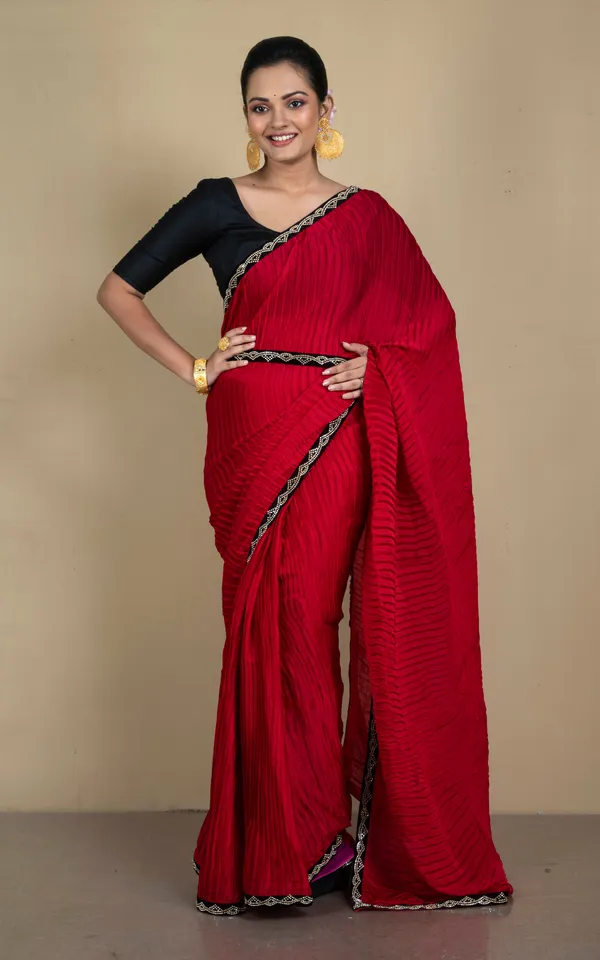 Designer_Italian_Crepe_Silk_Ruffle_Saree_In_Cherry_Red_And_Black