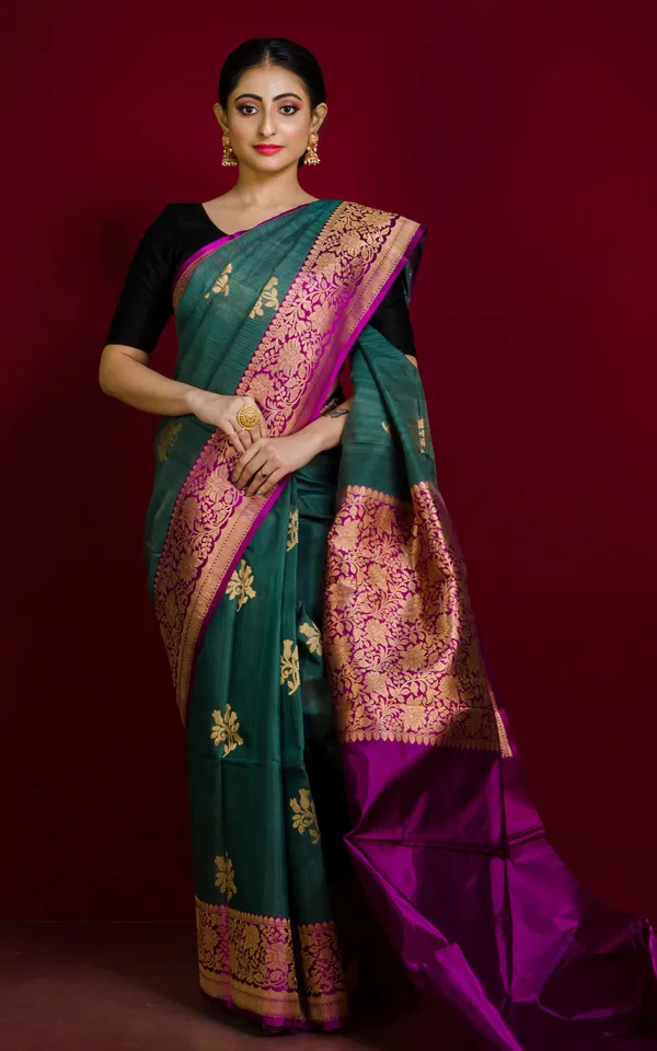 Premium_Quality_Tussar_Banarasi_Silk_Saree_In_Myrtle_Green_And_Magenta