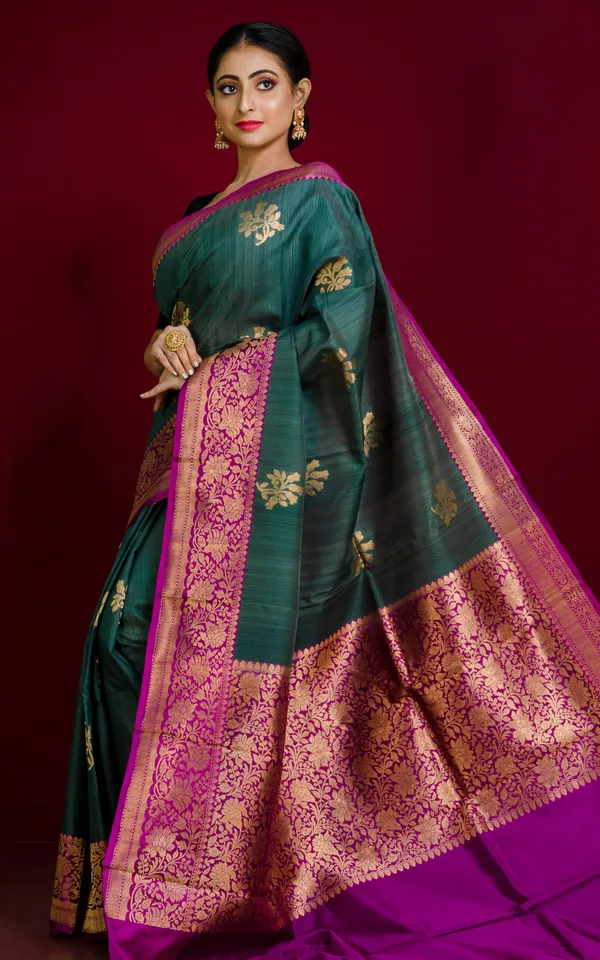 Premium_Quality_Tussar_Banarasi_Silk_Saree_In_Myrtle_Green_And_Magenta