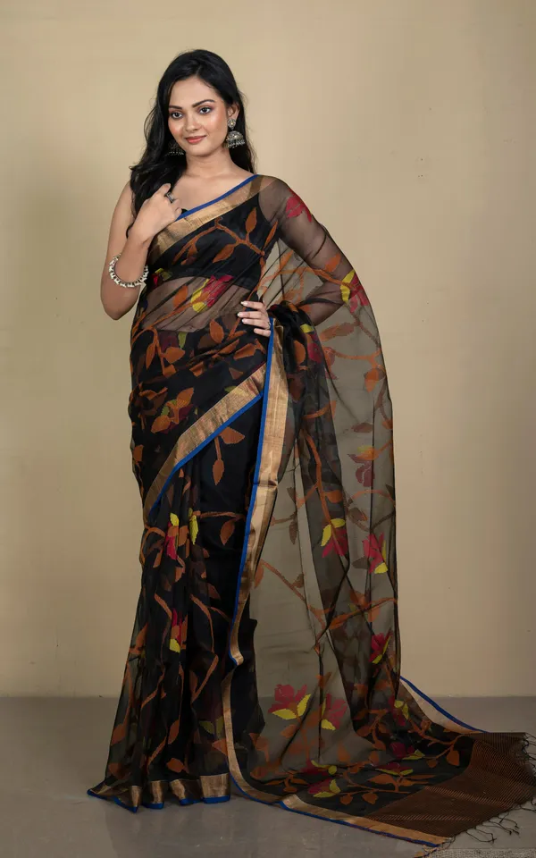 Premium_Quality_Muslin_Silk_Jamdani_Saree_In_Black_Orange_Yellow_Brick_Red_And_Gold_Zari_Work
