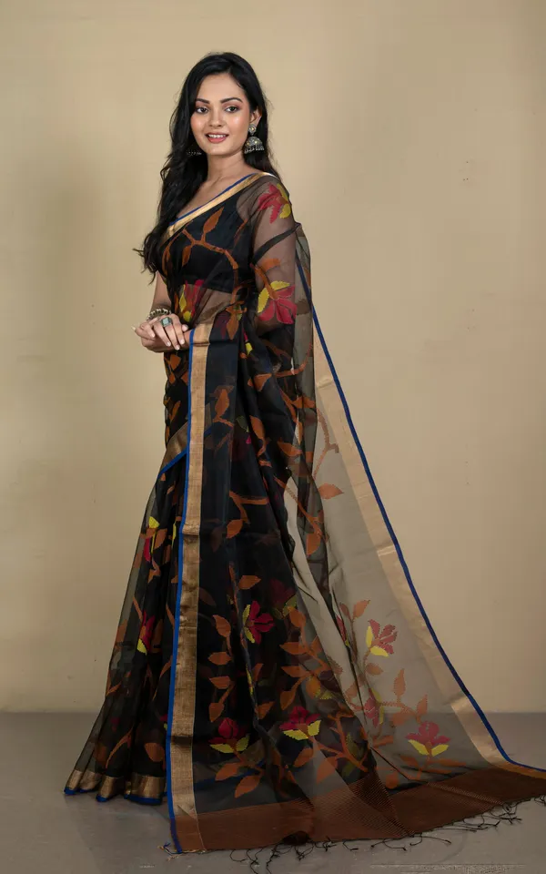 Premium_Quality_Muslin_Silk_Jamdani_Saree_In_Black_Orange_Yellow_Brick_Red_And_Gold_Zari_Work