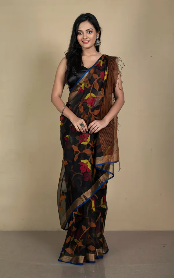 Premium_Quality_Muslin_Silk_Jamdani_Saree_In_Black_Orange_Yellow_Brick_Red_And_Gold_Zari_Work