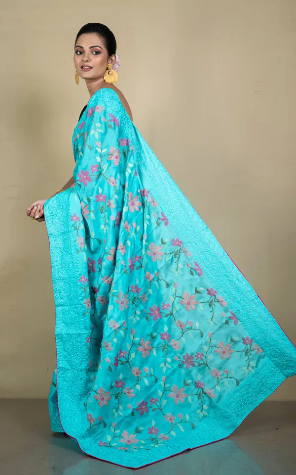 Parsi_Cross_Stitch_Work_Designer_Italian_Crepe_Silk_Saree_In_Aqua_Blue_Magenta_And_Multicolor_Thread_Work