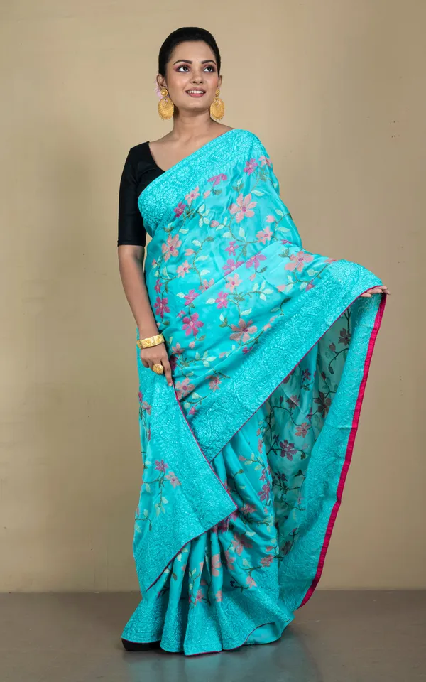 Parsi_Cross_Stitch_Work_Designer_Italian_Crepe_Silk_Saree_In_Aqua_Blue_Magenta_And_Multicolor_Thread_Work