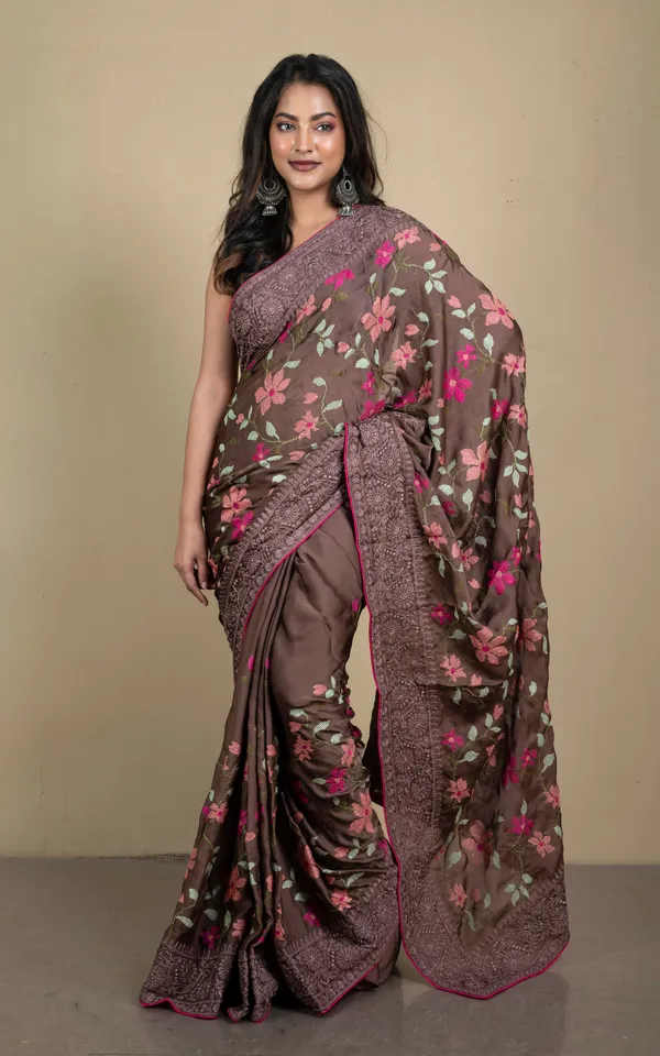 Parsi_Cross_Stitch_Work_Designer_Italian_Crepe_Silk_Saree_In_Dark_Brown_Magenta_And_Multicolor_Thread_Work