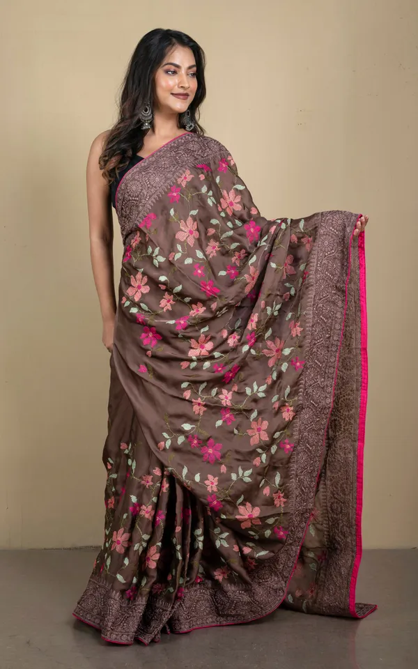 Parsi_Cross_Stitch_Work_Designer_Italian_Crepe_Silk_Saree_In_Dark_Brown_Magenta_And_Multicolor_Thread_Work