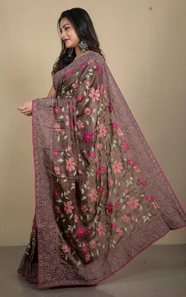 Parsi_Cross_Stitch_Work_Designer_Italian_Crepe_Silk_Saree_In_Dark_Brown_Magenta_And_Multicolor_Thread_Work