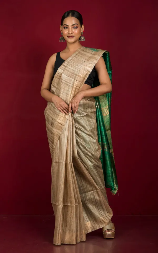 Pure_Handloom_Ghicha_Tussar_Saree_In_Natural_Tussar_Color_And_Emerald_Green