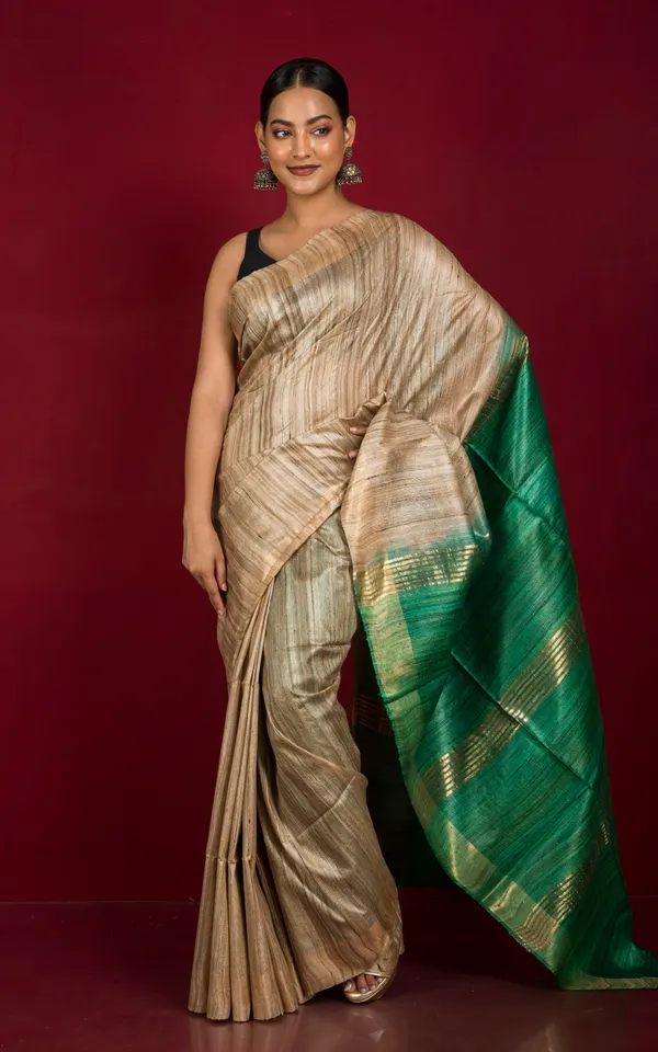 Pure_Handloom_Ghicha_Tussar_Saree_In_Natural_Tussar_Color_And_Emerald_Green