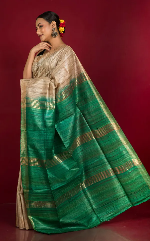 Pure_Handloom_Ghicha_Tussar_Saree_In_Natural_Tussar_Color_And_Emerald_Green