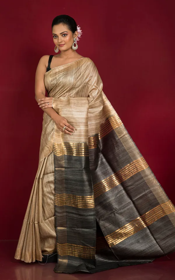 Pure_Handloom_Ghicha_Tussar_Saree_In_Natural_Tussar_Color_And_Charcoal_Black
