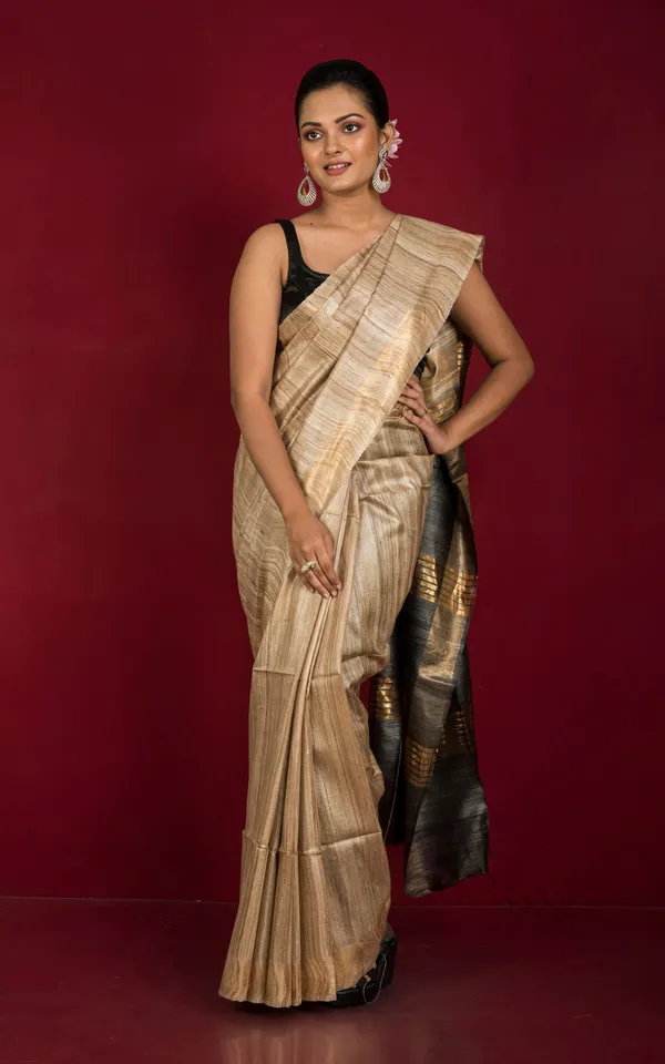 Pure_Handloom_Ghicha_Tussar_Saree_In_Natural_Tussar_Color_And_Charcoal_Black