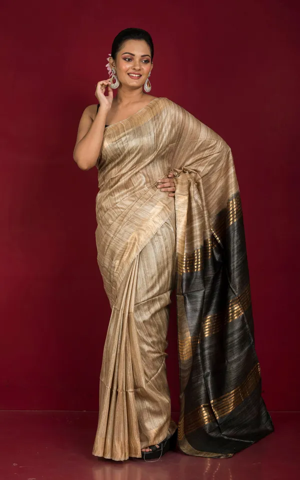 Pure_Handloom_Ghicha_Tussar_Saree_In_Natural_Tussar_Color_And_Charcoal_Black