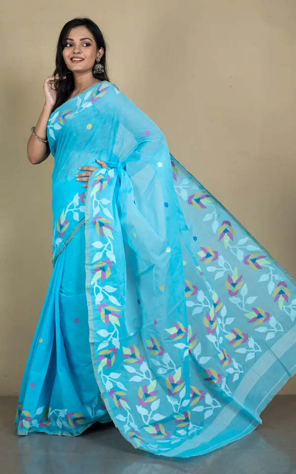 Premium_Quality_Hand_Work_Cotton_Dhakai_Jamdani_Saree_In_Capri_Blue_And_Multicolor_Thread_Work