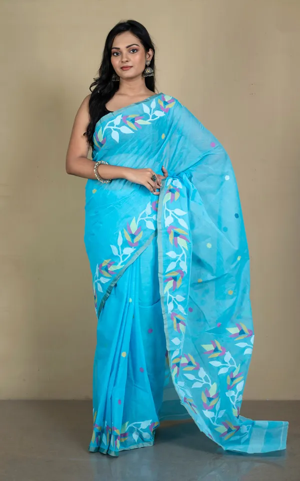 Premium_Quality_Hand_Work_Cotton_Dhakai_Jamdani_Saree_In_Capri_Blue_And_Multicolor_Thread_Work