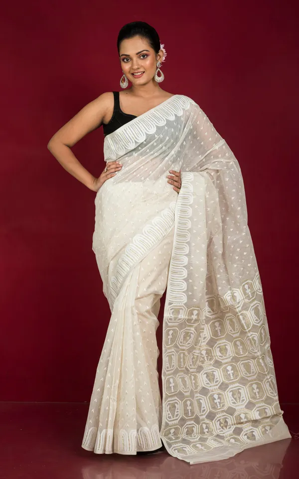 Hand_Woven_Meenakari_Jamdani_Saree_In_Off_White_White_And_Golden