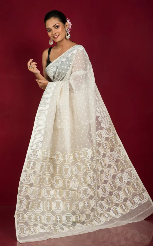 Hand_Woven_Meenakari_Jamdani_Saree_In_Off_White_White_And_Golden