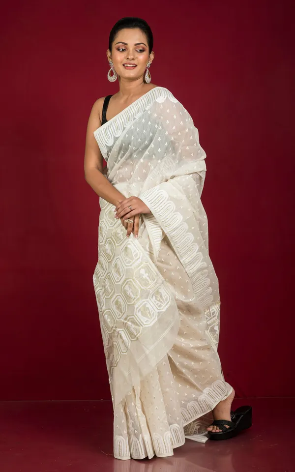 Hand_Woven_Meenakari_Jamdani_Saree_In_Off_White_White_And_Golden