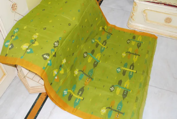Hand_Woven_Skirt_Nakshi_Work_Cotton_Dhakai_Jamdani_Saree_In_Olive_Green_Golden_Mustard_And_Multicolor