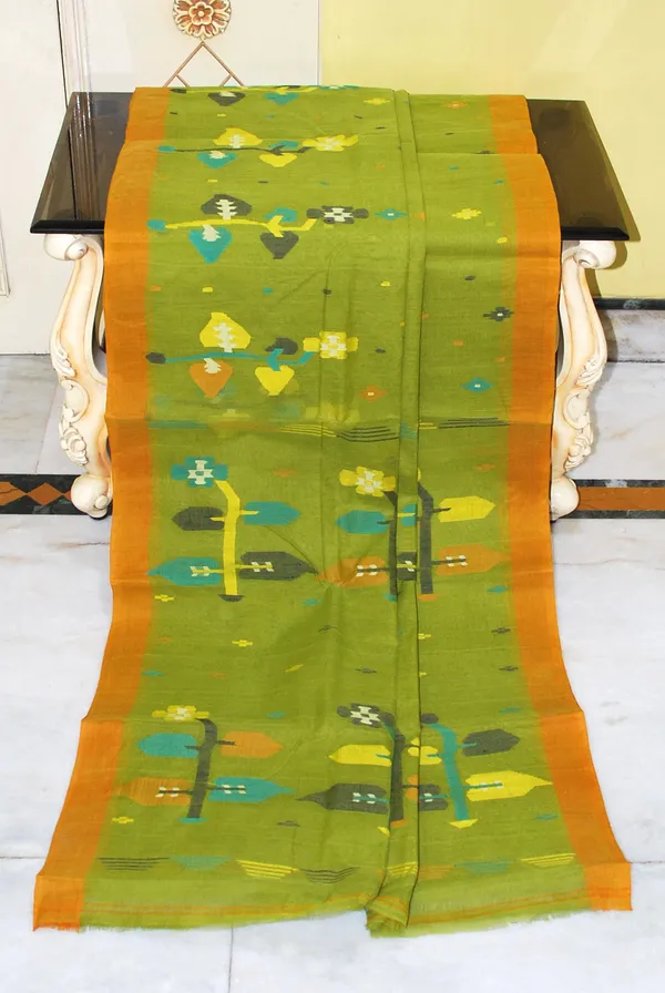 Hand_Woven_Skirt_Nakshi_Work_Cotton_Dhakai_Jamdani_Saree_In_Olive_Green_Golden_Mustard_And_Multicolor