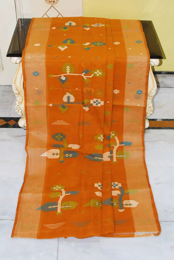 Hand_Woven_Skirt_Nakshi_Work_Cotton_Dhakai_Jamdani_Saree_In_Dark_Amber_And_Multicolor