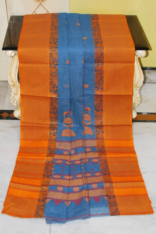 Woven_Matta_Nakshi_Border_Premium_Quality_Bengal_Handloom_Cotton_Saree_In_Denim_Blue_And_Orange