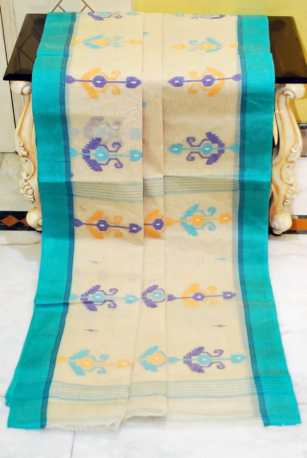 Hand_Work_Cotton_Dhakai_Jamdani_Saree_In_Beige_Sea_Green_Golden_Yellow_And_Deep_Blue