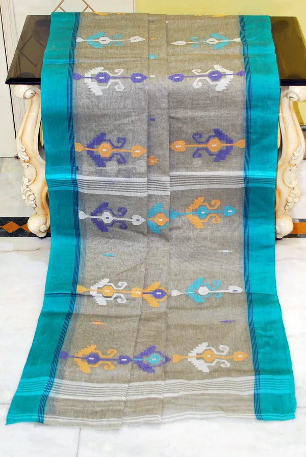 Hand_Work_Cotton_Dhakai_Jamdani_Saree_In_Greige_And_Multicolor