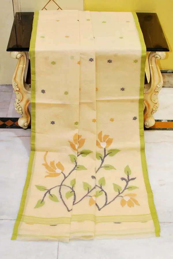 Traditional_Karat_Work_Poth_Jamdani_Saree_In_Parmesan_Mustard_Black_Pea_Soup_Green_And_Off_White
