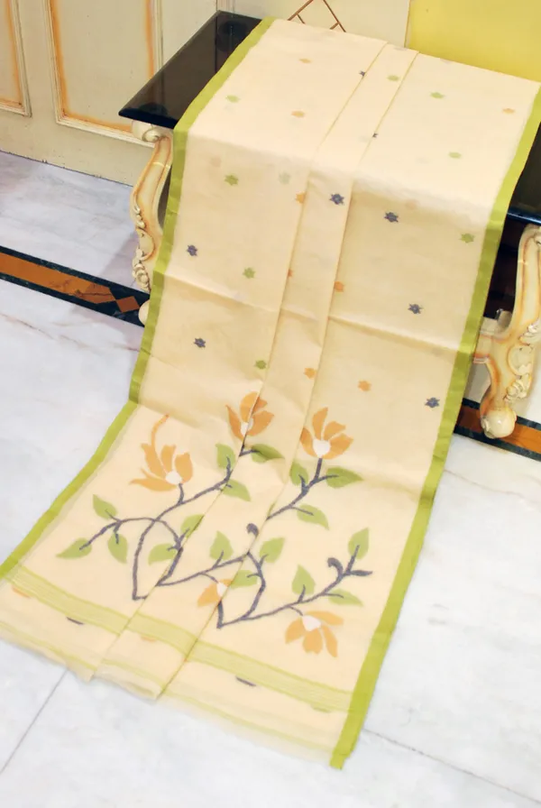 Traditional_Karat_Work_Poth_Jamdani_Saree_In_Parmesan_Mustard_Black_Pea_Soup_Green_And_Off_White