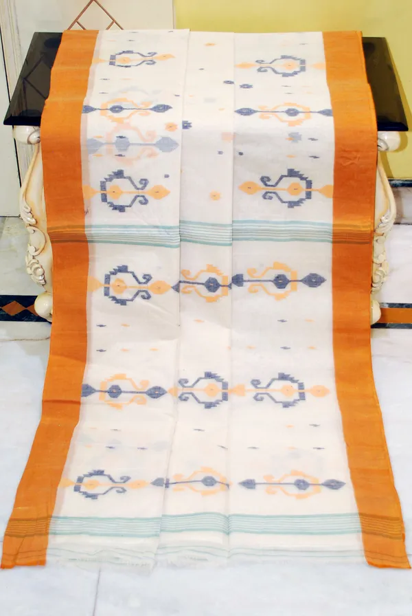 Hand_Work_Cotton_Dhakai_Jamdani_Saree_In_Off_White_Mustard_Golden_And_Navy_Blue