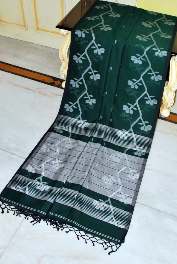 Karat_Nakshi_Work_Soft_Cotton_Jamdani_Saree_In_Phthalo_Green_And_Steel_Grey