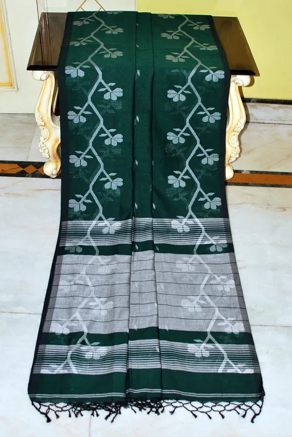 Karat_Nakshi_Work_Soft_Cotton_Jamdani_Saree_In_Phthalo_Green_And_Steel_Grey