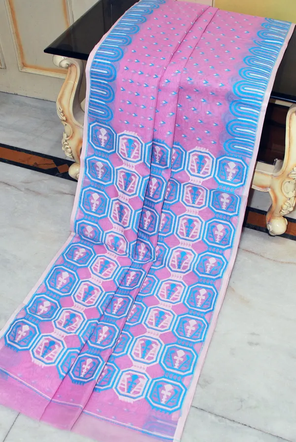Hand_Woven_Jamdani_Saree_In_Pink_Blue_And_Off_White