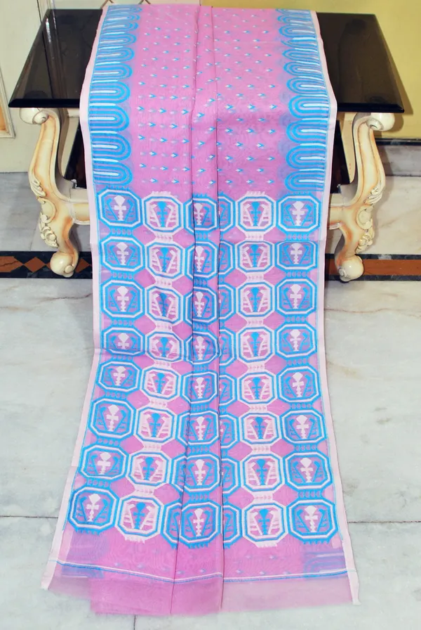Hand_Woven_Jamdani_Saree_In_Pink_Blue_And_Off_White