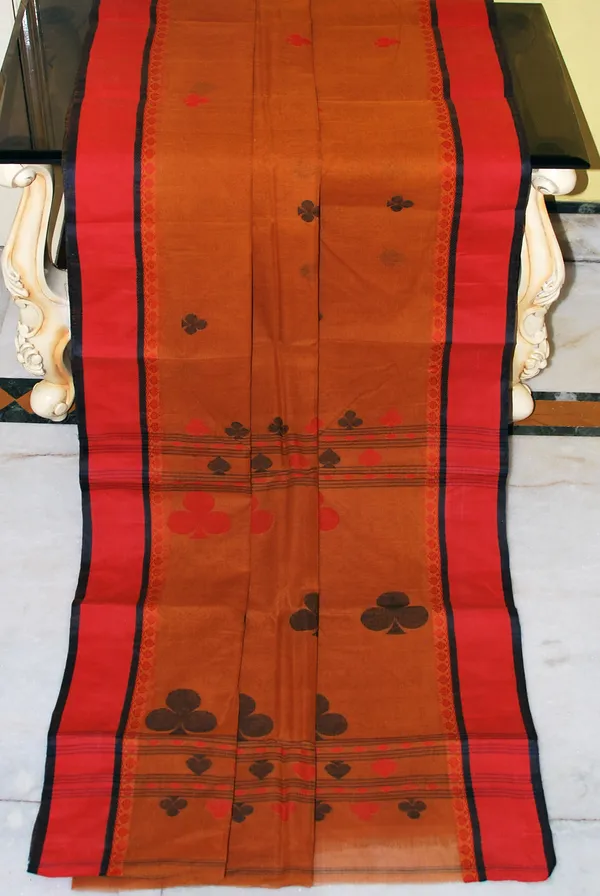 Woven_Matta_Nakshi_Border_Premium_Quality_Bengal_Handloom_Cotton_Saree_In_Ginger_Brown_Dark_Red_And_Black