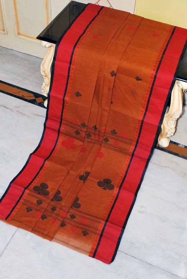 Woven_Matta_Nakshi_Border_Premium_Quality_Bengal_Handloom_Cotton_Saree_In_Ginger_Brown_Dark_Red_And_Black