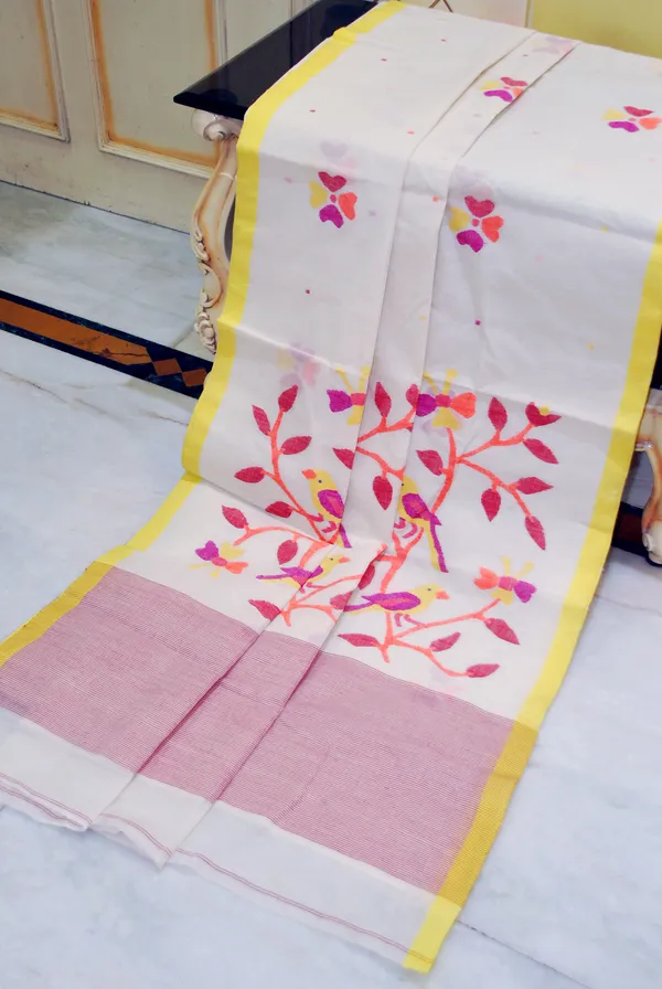 Hand_Work_Nakshi_Butta_Cotton_Dhakai_Jamdani_Saree_In_Off_White_Yellow_Hot_Pink_Orange_And_Red