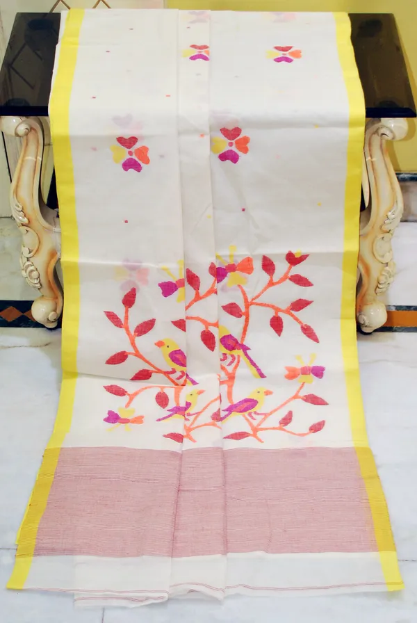 Hand_Work_Nakshi_Butta_Cotton_Dhakai_Jamdani_Saree_In_Off_White_Yellow_Hot_Pink_Orange_And_Red