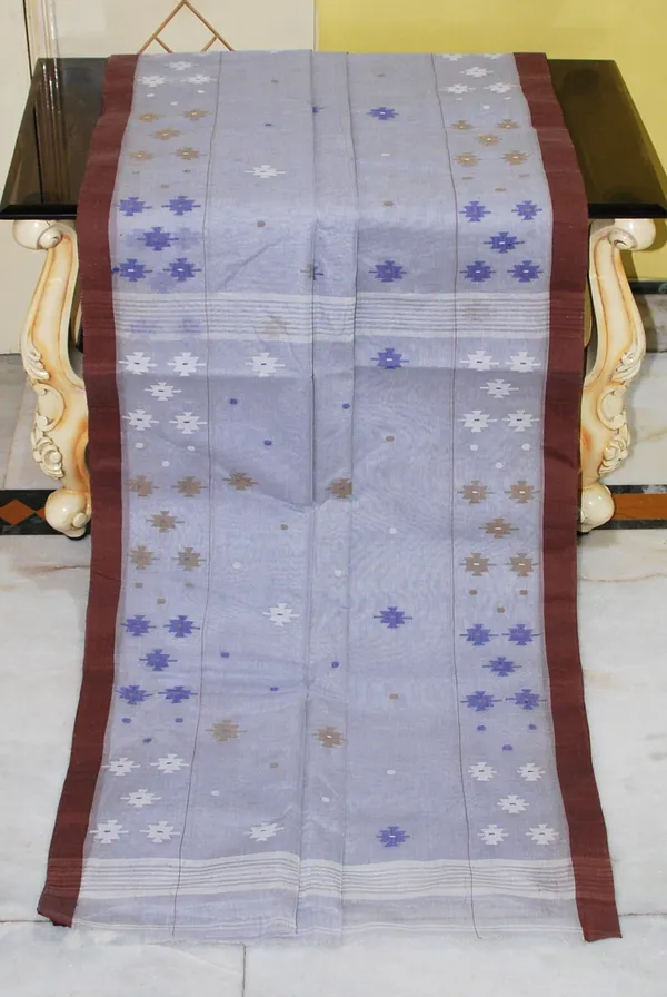 Poth_Border_Karat_Woven_Work_Pure_Cotton_Jamdani_Saree_In_Cool_Grey_Brown_And_Multicolor_Thread_Work