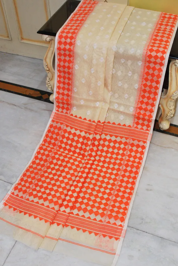 Hand_Woven_Solapuri_Rhombus_Work_Jamdani_Saree_In_Light_Beige_Off_White_And_Orange