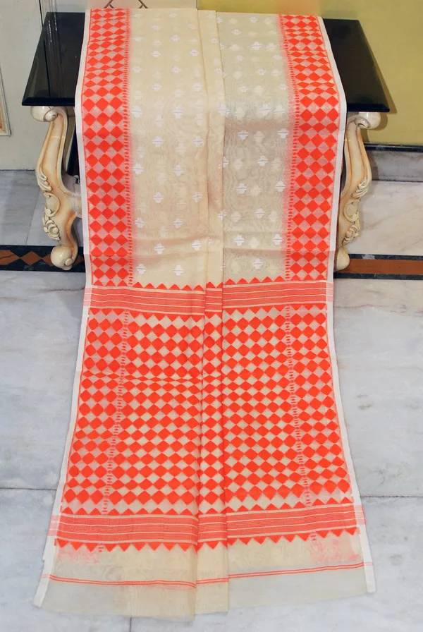 Hand_Woven_Solapuri_Rhombus_Work_Jamdani_Saree_In_Light_Beige_Off_White_And_Orange