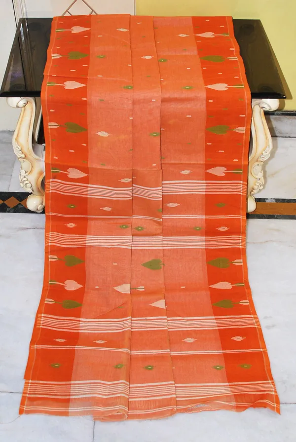 Traditional_Hand_Karat_Work_Cotton_Jamdani_Saree_In_Flame_Orange_Green_And_Off_White_Thread_Work