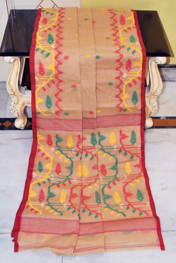 Hand_Karat_Needle_Woven_Work_Pure_Cotton_Bengal_Jamdani_Saree_In_Beige_With_Red_Selvage_And_Multicolor_Thread_Work