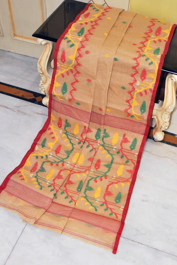 Hand_Karat_Needle_Woven_Work_Pure_Cotton_Bengal_Jamdani_Saree_In_Beige_With_Red_Selvage_And_Multicolor_Thread_Work