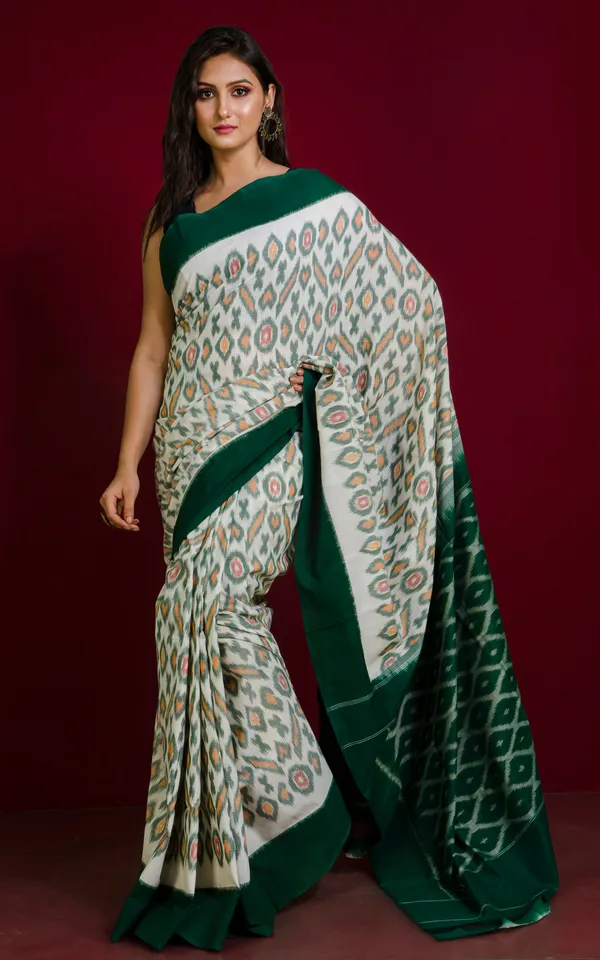 Soft_Mercerized_Cotton_Ikkat_Pochampally_Saree_In_Off_White_Mustard_Yellow_Red_And_Bottle_Green