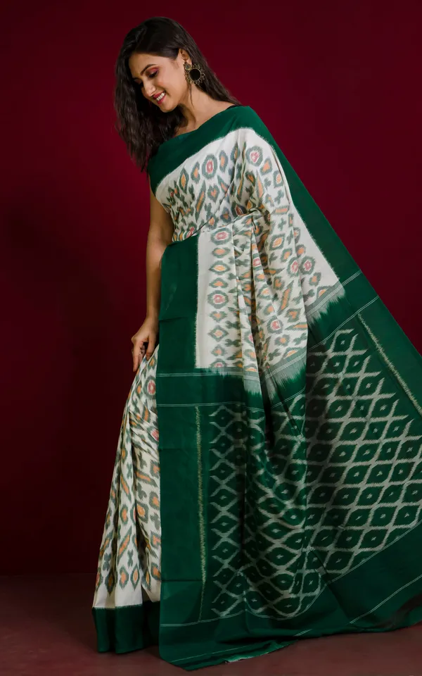 Soft_Mercerized_Cotton_Ikkat_Pochampally_Saree_In_Off_White_Mustard_Yellow_Red_And_Bottle_Green